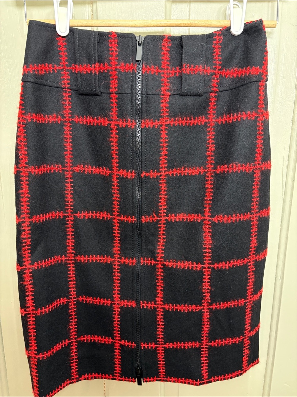 Black and Red Wool Windowpane Pencil Skirt
